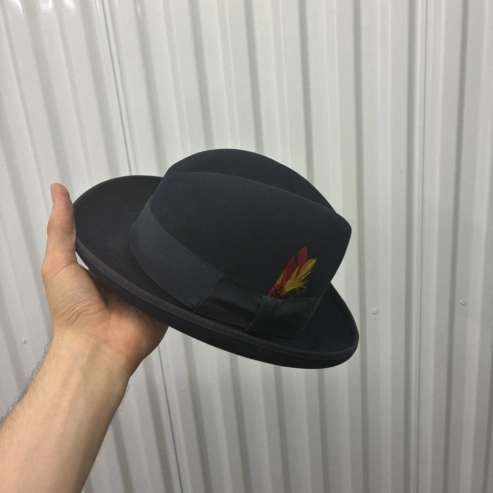 Vintage 1980s Barlesoni 7-1/8 Fur Felt Fedora Hat Deep Blue - Made In USA